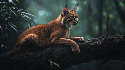 Bobcat resting on a mossy log in a lush forest.