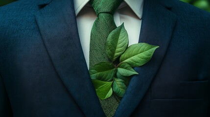 Business suit paired with green leaves as a tie, symbolizing eco-friendly job roles. 