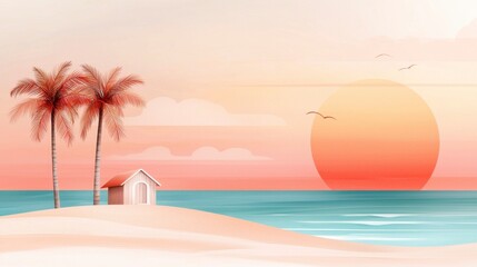 Naklejka premium Serene Beach Scene with Sunset, Tropical Palms, and Tranquil Ocean Vibes