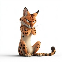 Fototapeta premium Cartoon sad serval sitting on a white background. 3D rendering.