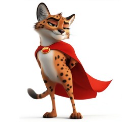 Cartoon superhero serval cat with red cape. Isolated on white background.