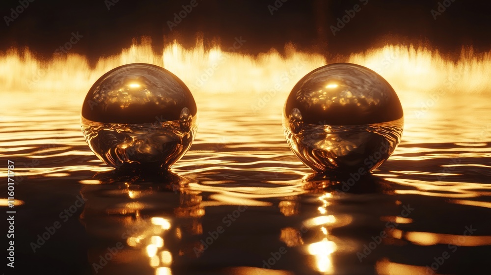 Poster Two metallic spheres on fire-lit water.