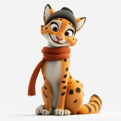 3D Illustration of a Cute Cartoon serval with Scarf