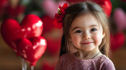 Adorable Smiling Girl with Red Heart Balloons in Valentine's Setting : Generative AI