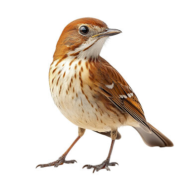Front view full body shot of an extremely perfect looking single Brown Thrasher bird isolated on a white transparent background