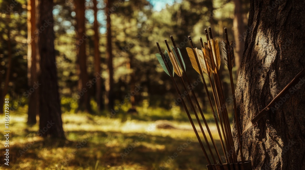 Poster a peaceful archery setup amidst a forest clearing, bow and arrows set in perfect alignment, nature-i