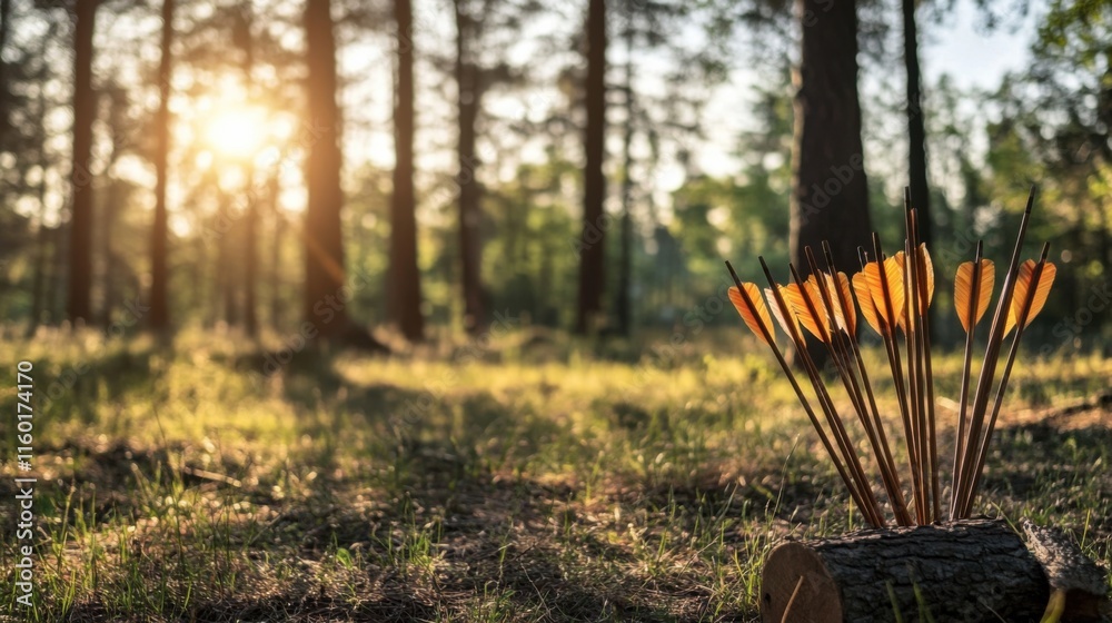 Poster a peaceful archery setup amidst a forest clearing, bow and arrows set in perfect alignment, nature-i