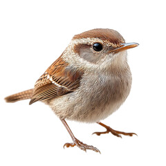 Front view full body shot of an extremely perfect looking single Eurasian Wren bird isolated on a white transparent background