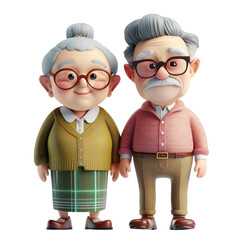 Touching 3D cartoon style illustration of an elderly couple. Grandpa in a checkered jacket and tie, and grandma with a neat bun and glasses png on a white transparent background elderly married couple