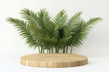 Wooden round podium with palm leaves. (5)