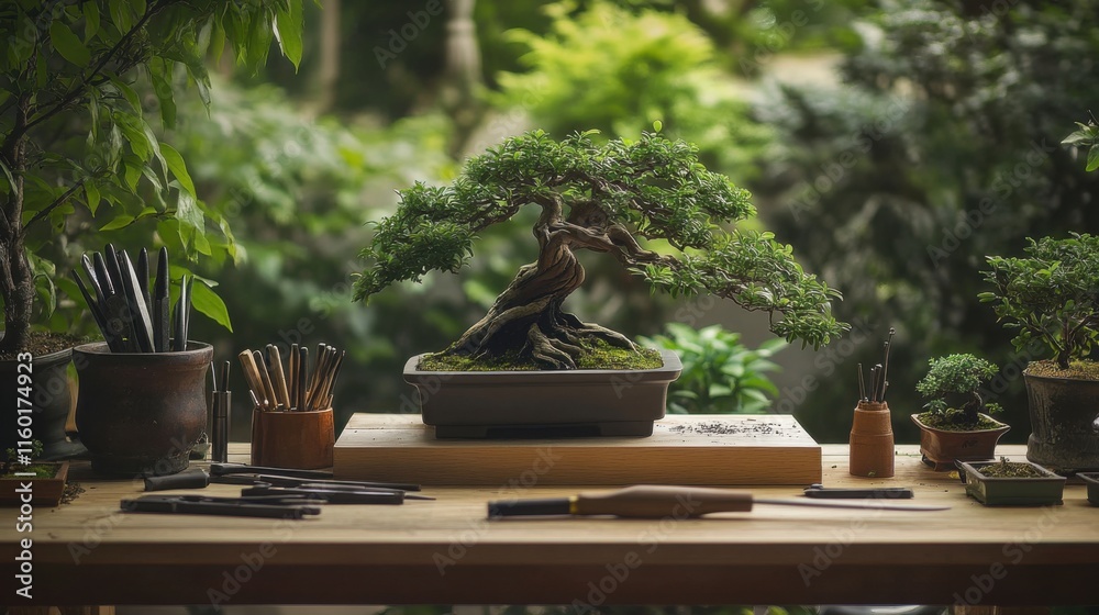 Poster a peaceful bonsai workshop with pruning tools and miniature trees, bonsai tools arranged around a wo