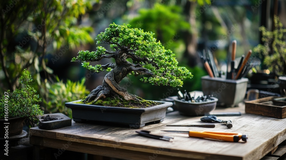 Poster a peaceful bonsai workshop with pruning tools and miniature trees, bonsai tools arranged around a wo