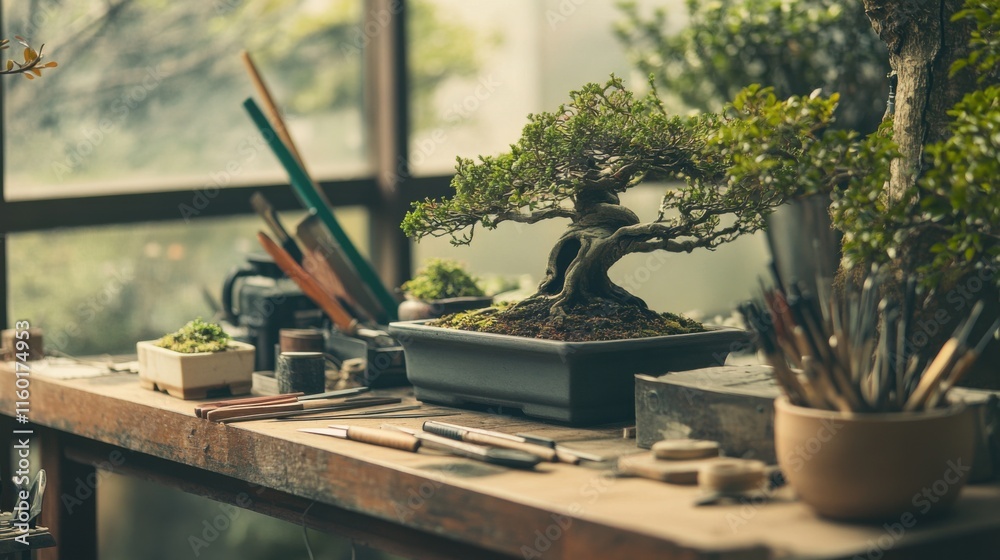 Poster a peaceful bonsai workshop with pruning tools and miniature trees, bonsai tools arranged around a wo