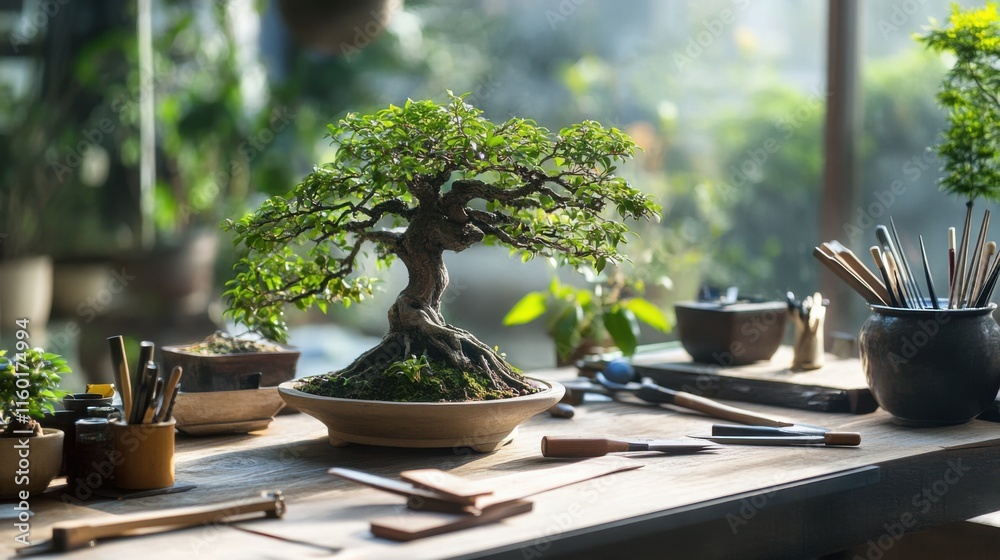 Poster a peaceful bonsai workshop with pruning tools and miniature trees, bonsai tools arranged around a wo