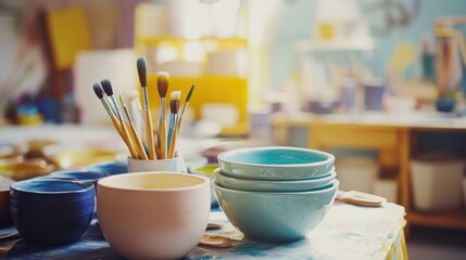 A peaceful ceramics painting workshop with ceramic paints and pottery, Painting tools organized in a bright workshop setting, Artistic workshop style