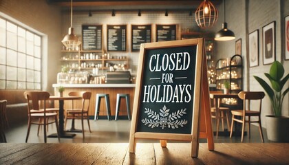 Closed for Christmas holidays, New Year vacations. text on signboard, board on window of cafe, shop, store in winter. Closed for holidays sign	

