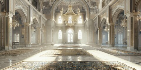 Obraz premium Majestic Grandeur: Sunlit Interior of a Lavish Mosque, Architectural Marvel