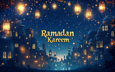 Obraz premium A radiant blue background illuminates a dark night sky, featuring golden stars and lanterns hanging from the top edge of the scene. In bold gold lettering in the center reads 