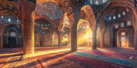 Obraz premium Sunlit Splendor: A Captivating View Inside a Majestic Mosque in Iran