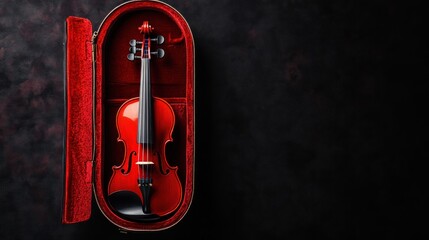 Red violin in its open case against a dark background.