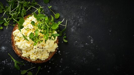 Open-faced sandwich with creamy egg salad and fresh greens on dark background