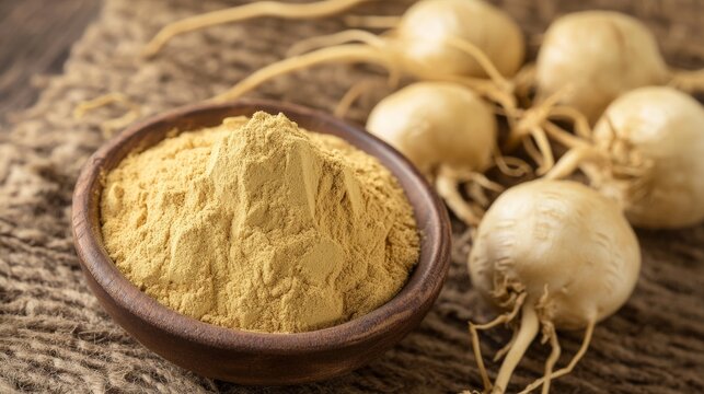 Organic maca root powder and fresh roots on rustic fabric surface