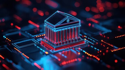 A bold acrylic representation of a bank as the centerpiece of a global financial network