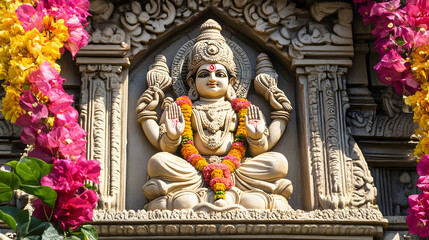 Obraz premium Ornate Hindu Goddess Carving Adorned with Colorful Flower Garlands : Generative AI