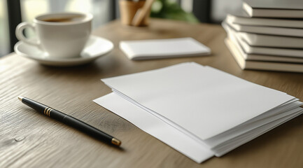 An ultra-realistic photograph of blank white envelopes on a table, with office stationery in the background. The scene is captured from an eye-level perspective, showcasing clean a