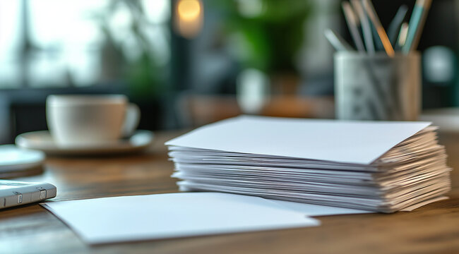 A stack of blank white envelopes on an office desk, ready for receiving letters or documents. The background is blurred with elements like coffee cups and stationery items to creat