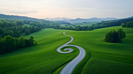 Aerial view of spiral road winding through lush green hills and fields at sunrise, perfect for travel brochures or website banners.