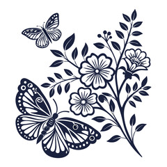 Abstract floral design element white illustration black and white butterflies