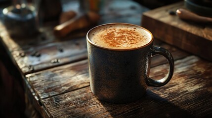 Warm spiced latte in rustic mug on wooden table.