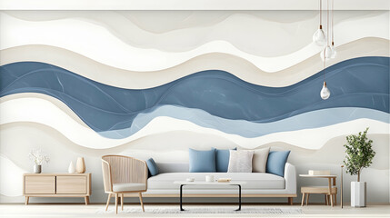 Blue and Beige Wave Mural in Modern Living Room.