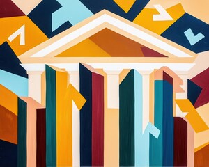 Acrylic painting of a bank surrounded by upward arrows and economic symbols