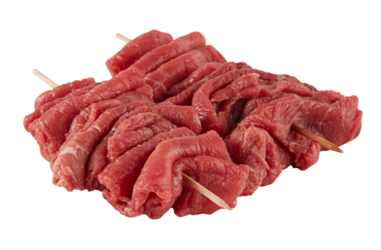 Red meat on skewers cut out isolated transparent background