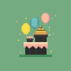Obraz premium A delightful 8-bit pixel art of a glowing pixelated cupcake stand with tiny pixelated treats and sparkles, surrounded by pastel balloons for a festive bakery theme. 