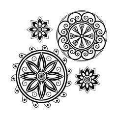 Abstract a black and white drawing of a flower with a design that says mandalas 
