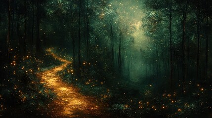 Fototapeta premium Golden path, fireflies, dark forest, magical scene.