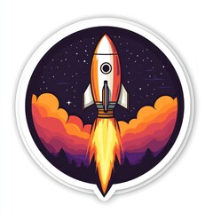 Obraz premium Retro rocket launching into space at sunset.