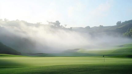 A picturesque golf course during a misty morning with dew-covered fairways, Golf clubs positioned amidst fog and rolling hills, Misty morning elegance style
