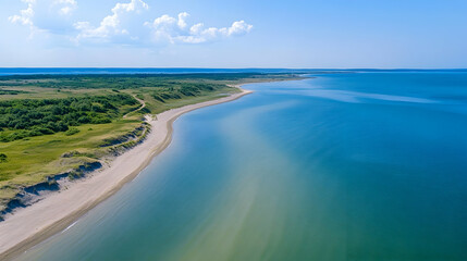 Obraz premium Coastal Aerial View Sandy Beach, Green Dunes, Calm Ocean, Blue Sky, Travel Brochure.