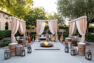 A cozy outdoor gathering space featuring musical instruments and a fire pit.