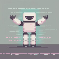 A fun 8-bit pixel art of a glowing pixelated robot waving its arms, surrounded by tiny glowing circuits, set on a pastel grey and blue background for a futuristic theme. 