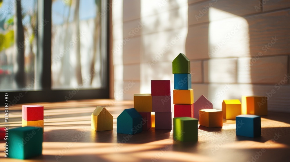 Poster a playful building blocks setup in a sunlit room, colorful blocks arranged creatively, modern minima