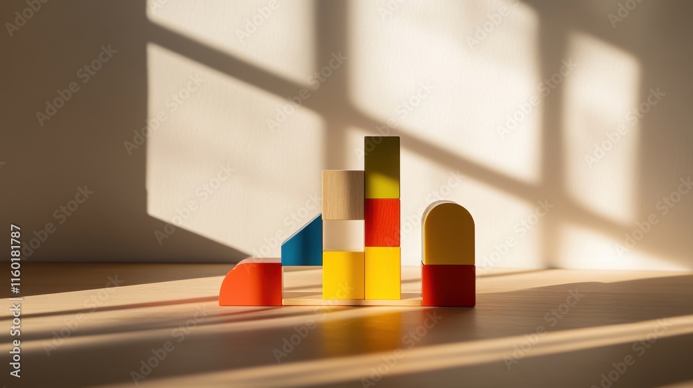 Poster A playful building blocks setup in a sunlit room, Colorful blocks arranged creatively, Modern minimalist design