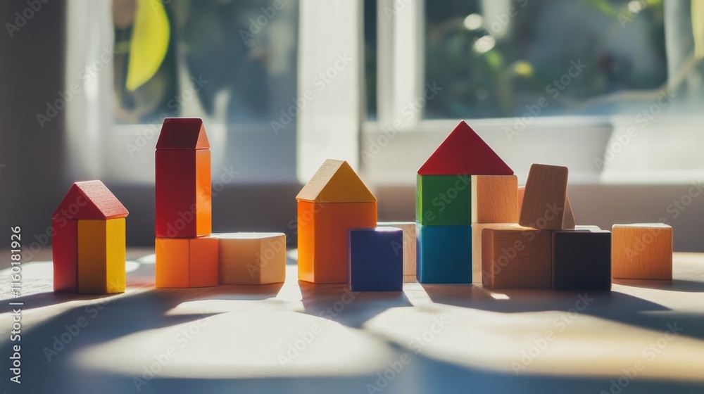 Poster a playful building blocks setup in a sunlit room, colorful blocks arranged creatively, modern minima