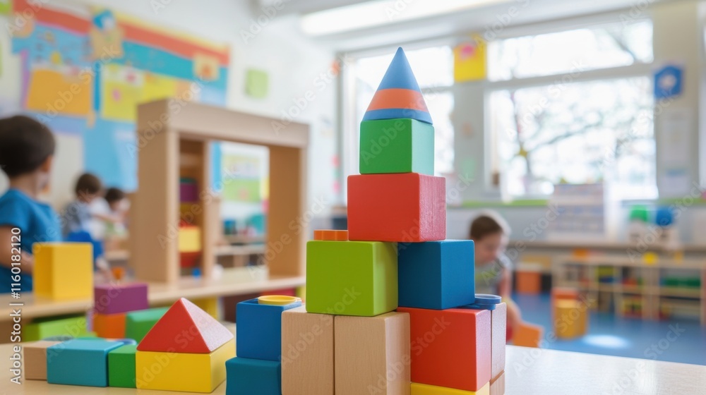 Poster a playful kindergarten classroom with children building imaginative structures from blocks, blocks s