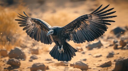 A Cape Griffon Vulture in flight, wings spread wide, landing on arid ground.