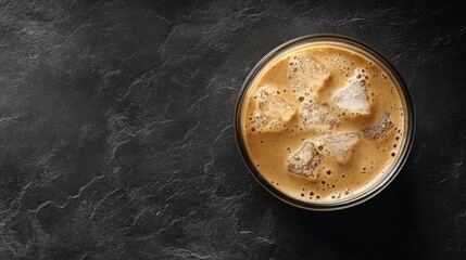 Refreshing iced coffee in glass on dark textured background